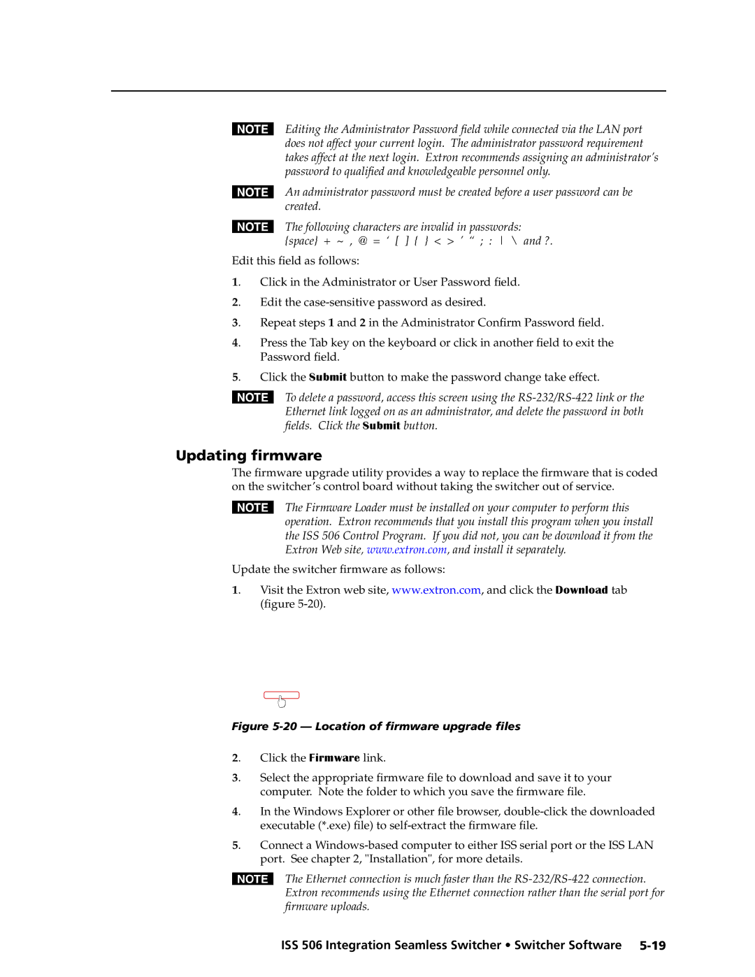 Extron electronic ISS 506 manual Updating firmware, Location of firmware upgrade files 