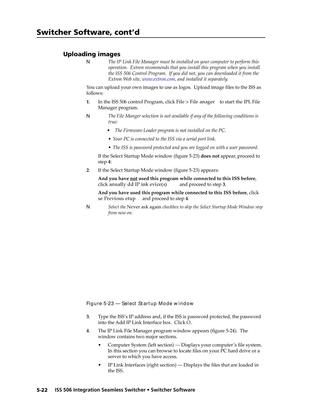 Extron electronic ISS 506 manual Uploading images, Select Startup Mode window 