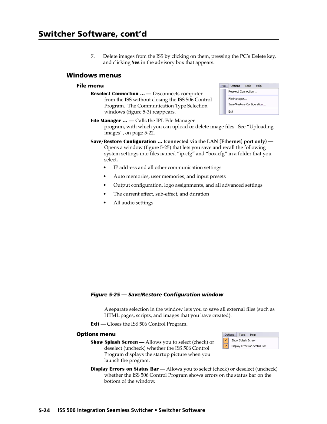 Extron electronic ISS 506 manual Windows menus, File menu, Options menu 