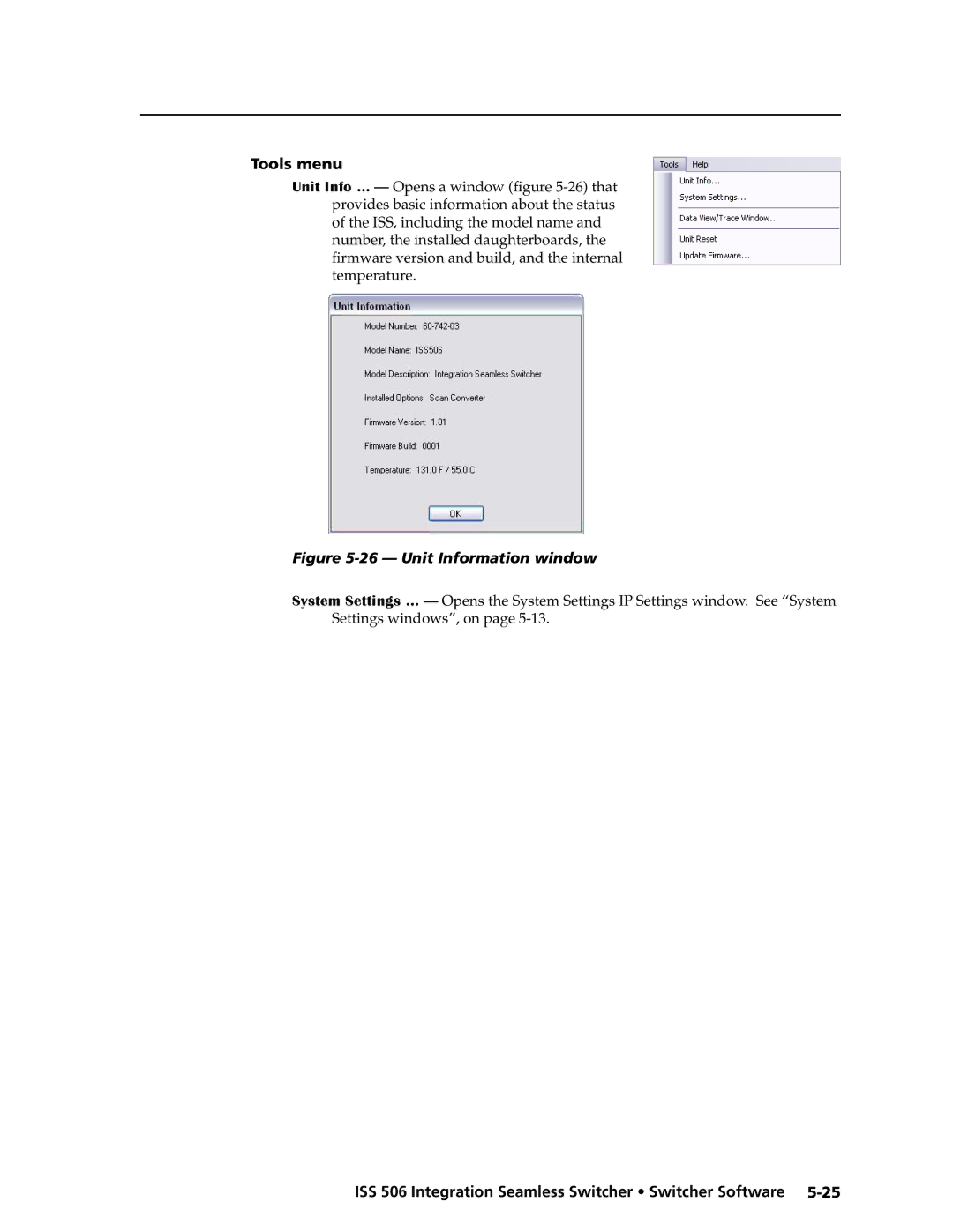 Extron electronic ISS 506 manual Tools menu, Unit Information window 