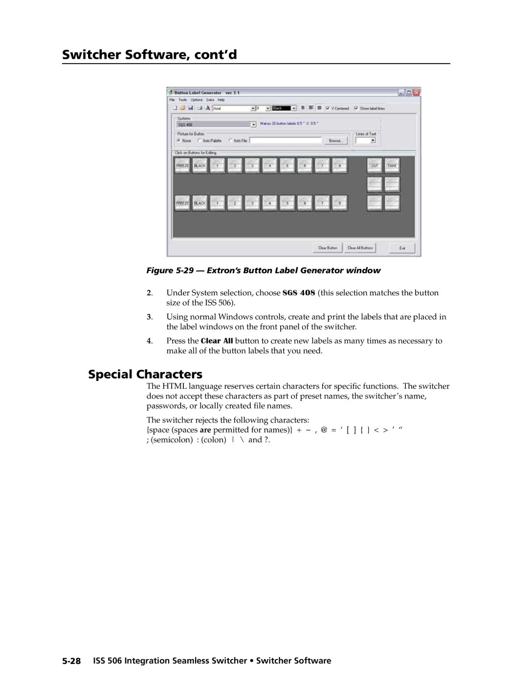 Extron electronic ISS 506 manual Extron’s Button Label Generator window 