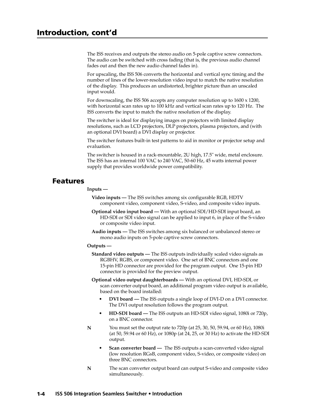 Extron electronic ISS 506 manual Introduction, cont’d, Features 