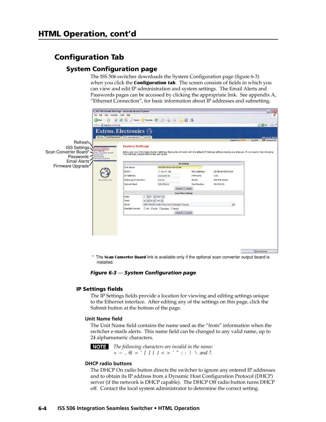 Extron electronic ISS 506 manual Html Operation, cont’d, Configuration Tab, System Configuration, IP Settings fields 