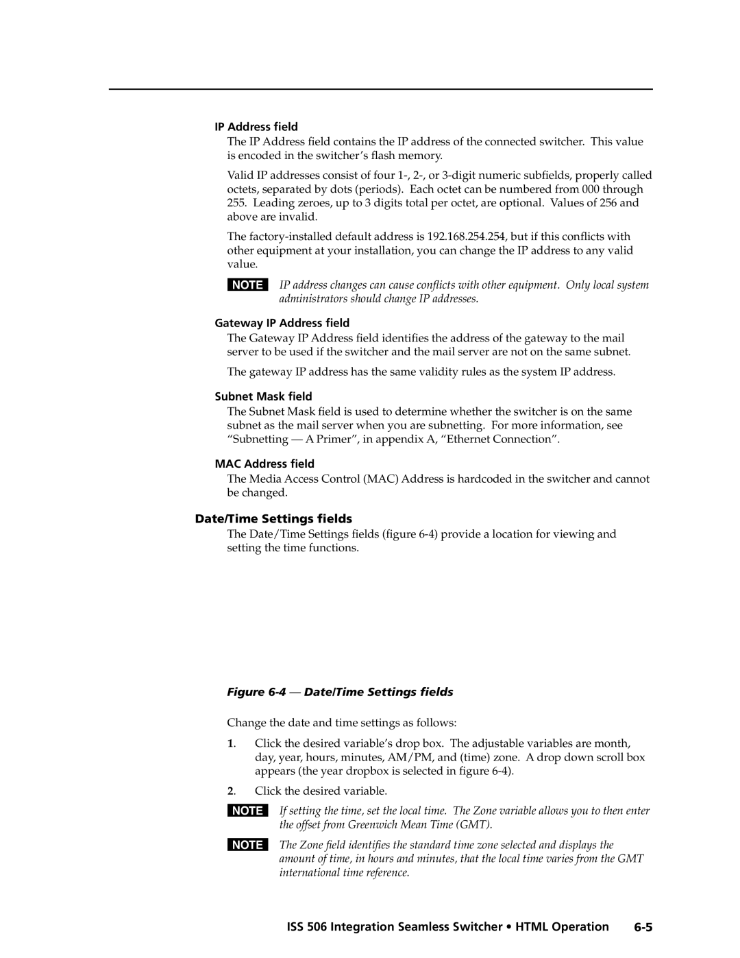 Extron electronic ISS 506 manual Gateway IP Address field, Date/Time Settings fields 