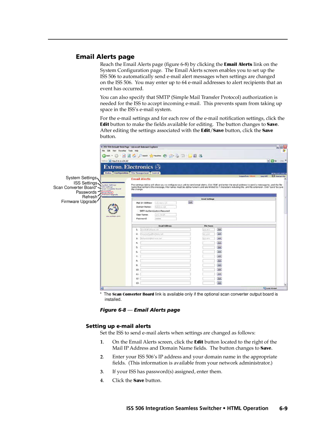 Extron electronic ISS 506 manual Email Alerts, Setting up e-mail alerts 