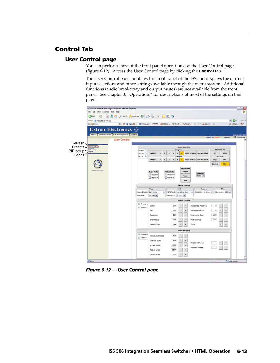 Extron electronic ISS 506 manual Control Tab, User Control 