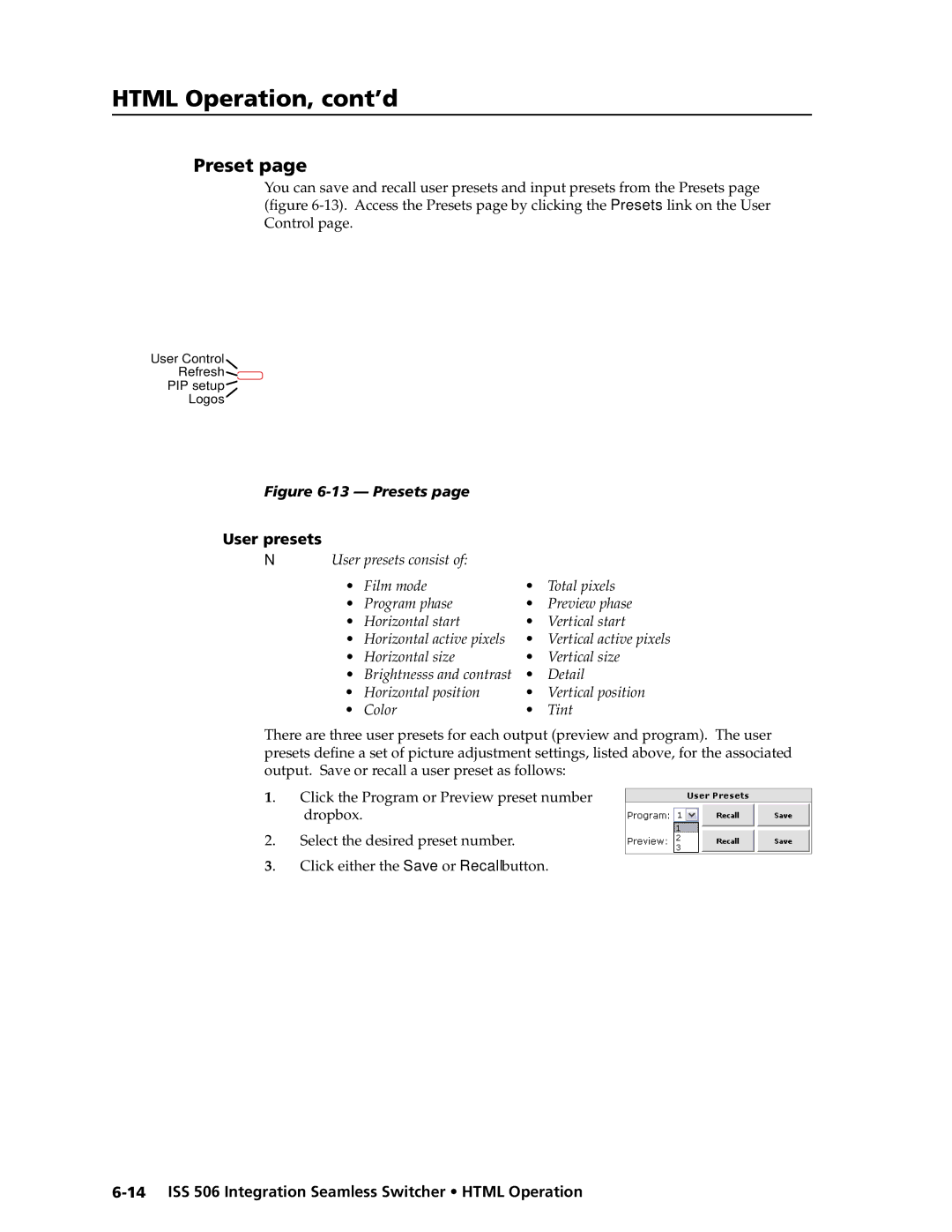 Extron electronic ISS 506 manual Preset, User presets 