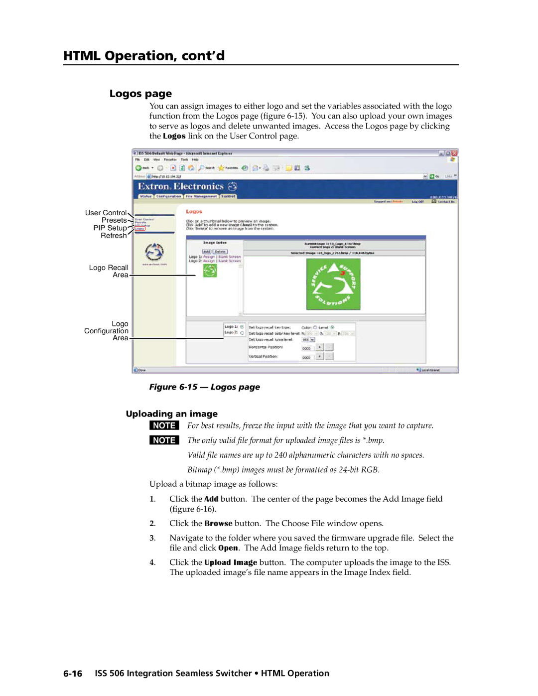 Extron electronic ISS 506 manual Logos, Uploading an image 