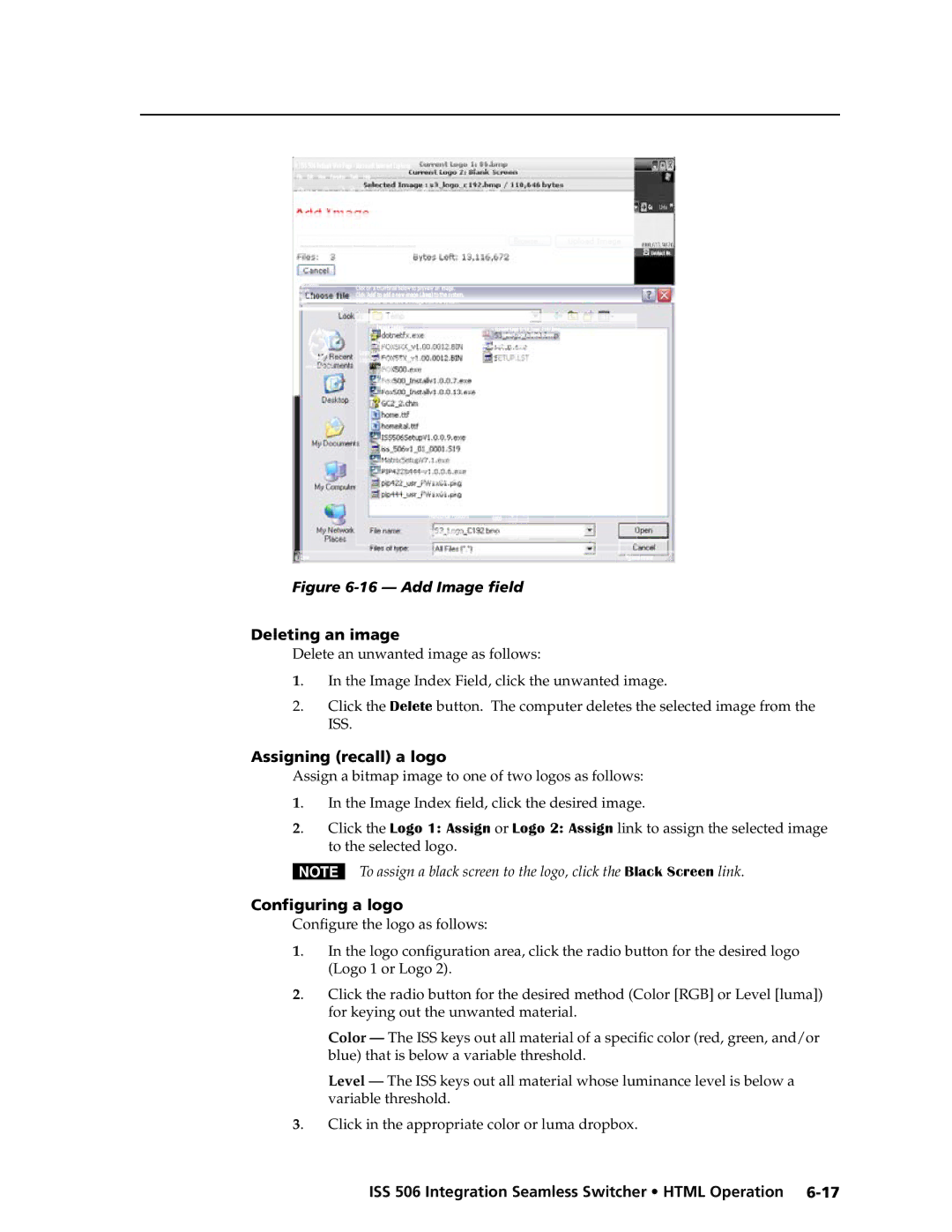 Extron electronic ISS 506 manual Deleting an image, Assigning recall a logo, Configuring a logo 