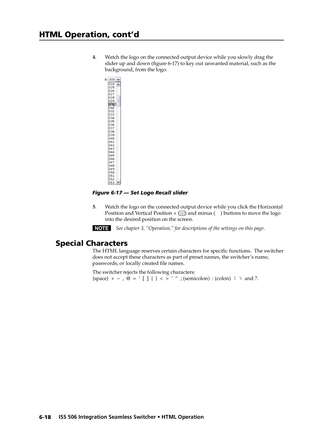 Extron electronic ISS 506 manual Set Logo Recall slider 