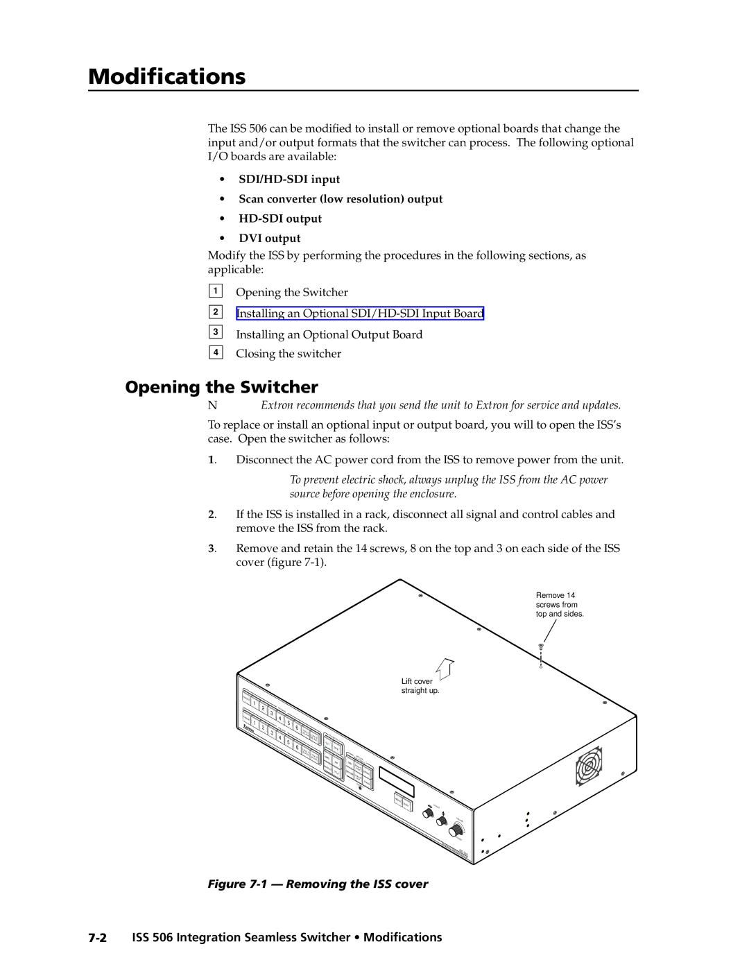 Extron electronic manual Opening the Switcher, ISS 506 Integration Seamless Switcher Modifications 