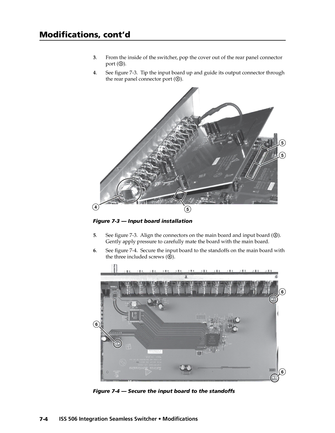 Extron electronic ISS 506 manual Modifications, cont’d, Input board installation 