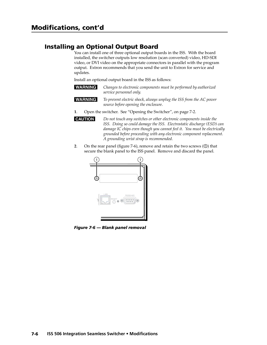 Extron electronic ISS 506 manual Installing an Optional Output Board, Blank panel removal 