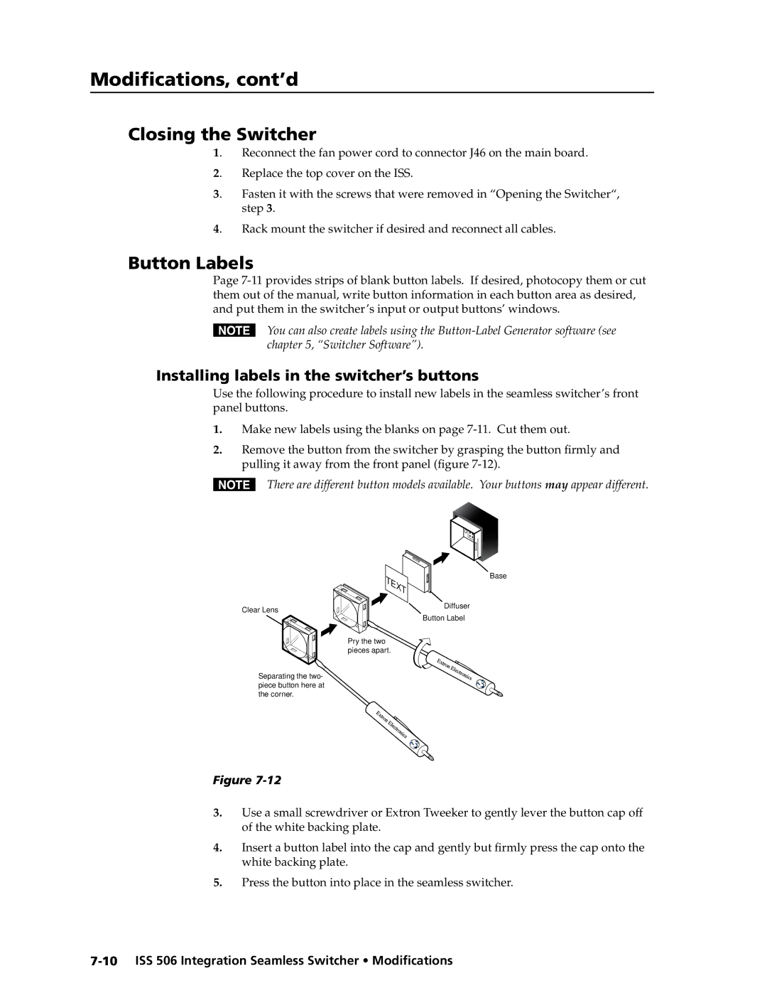 Extron electronic ISS 506 manual Closing the Switcher, Button Labels, Installing labels in the switcher’s buttons 