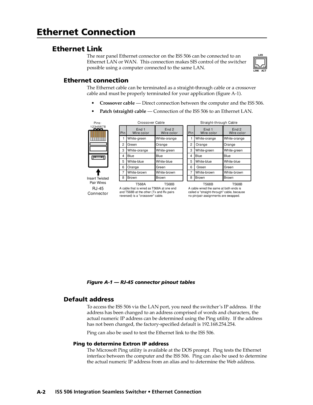 Extron electronic manual Ping to determine Extron IP address, ISS 506 Integration Seamless Switcher Ethernet Connection 