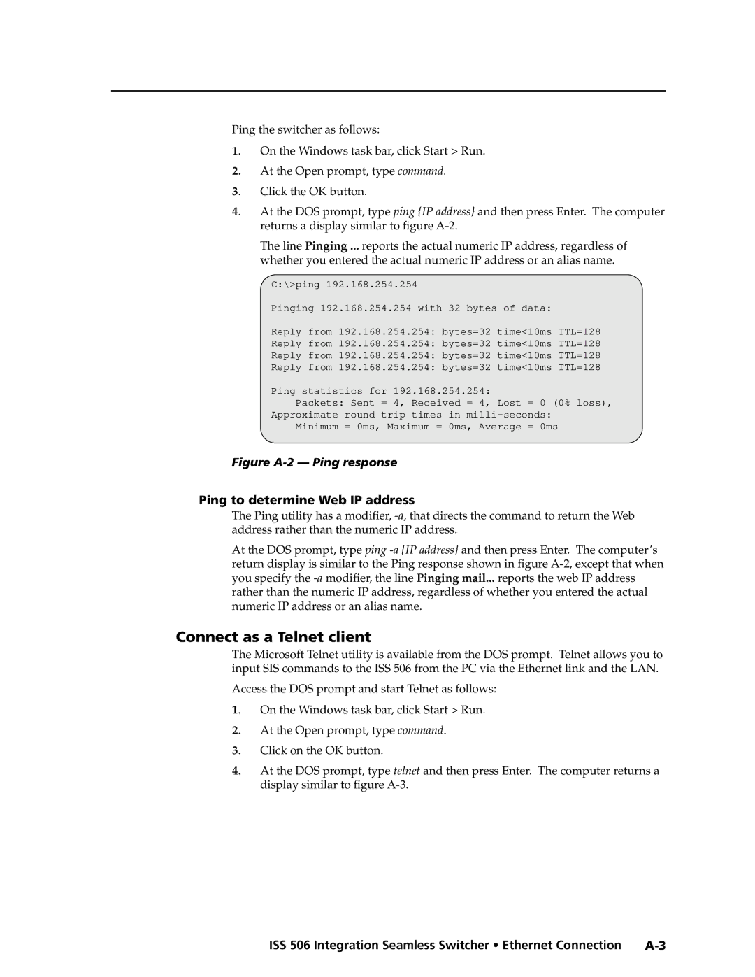 Extron electronic ISS 506 manual Connect as a Telnet client, Ping to determine Web IP address 