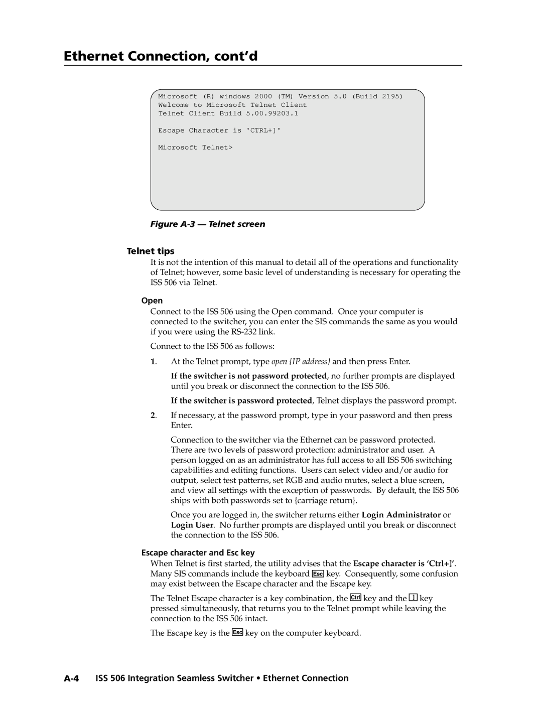 Extron electronic ISS 506 manual Ethernet Connection, cont’d, Telnet tips, Open, Escape character and Esc key 