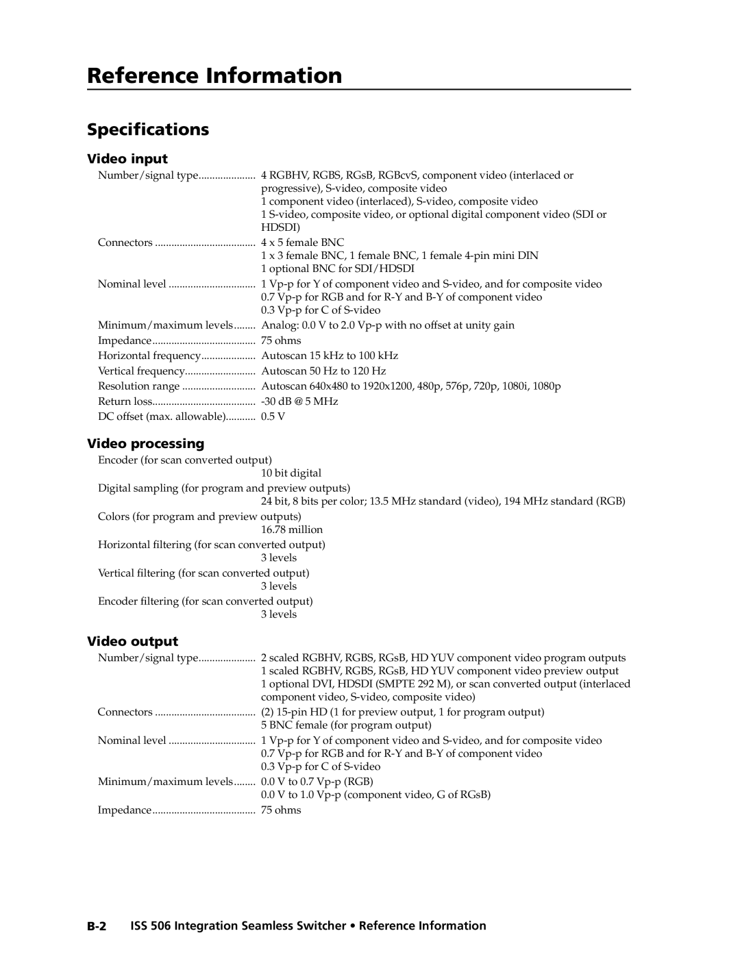 Extron electronic manual Specifications, ISS 506 Integration Seamless Switcher Reference Information 