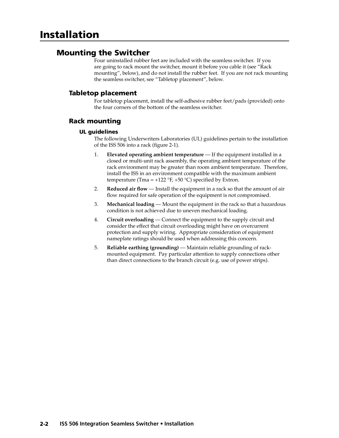 Extron electronic ISS 506 manual Mounting the Switcher, Tabletop placement, Rack mounting, UL guidelines 