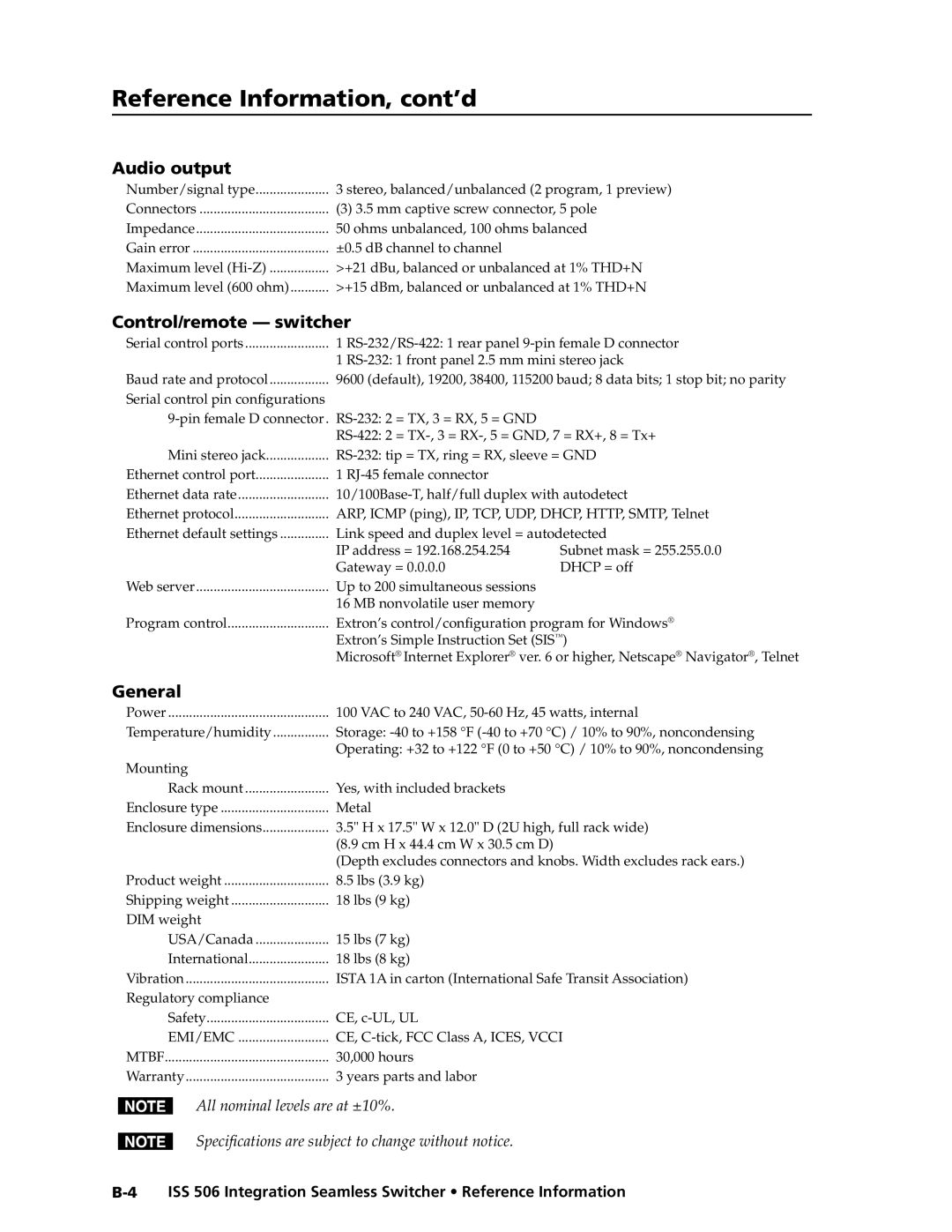 Extron electronic ISS 506 manual Reference Information, cont’d, Audio output 