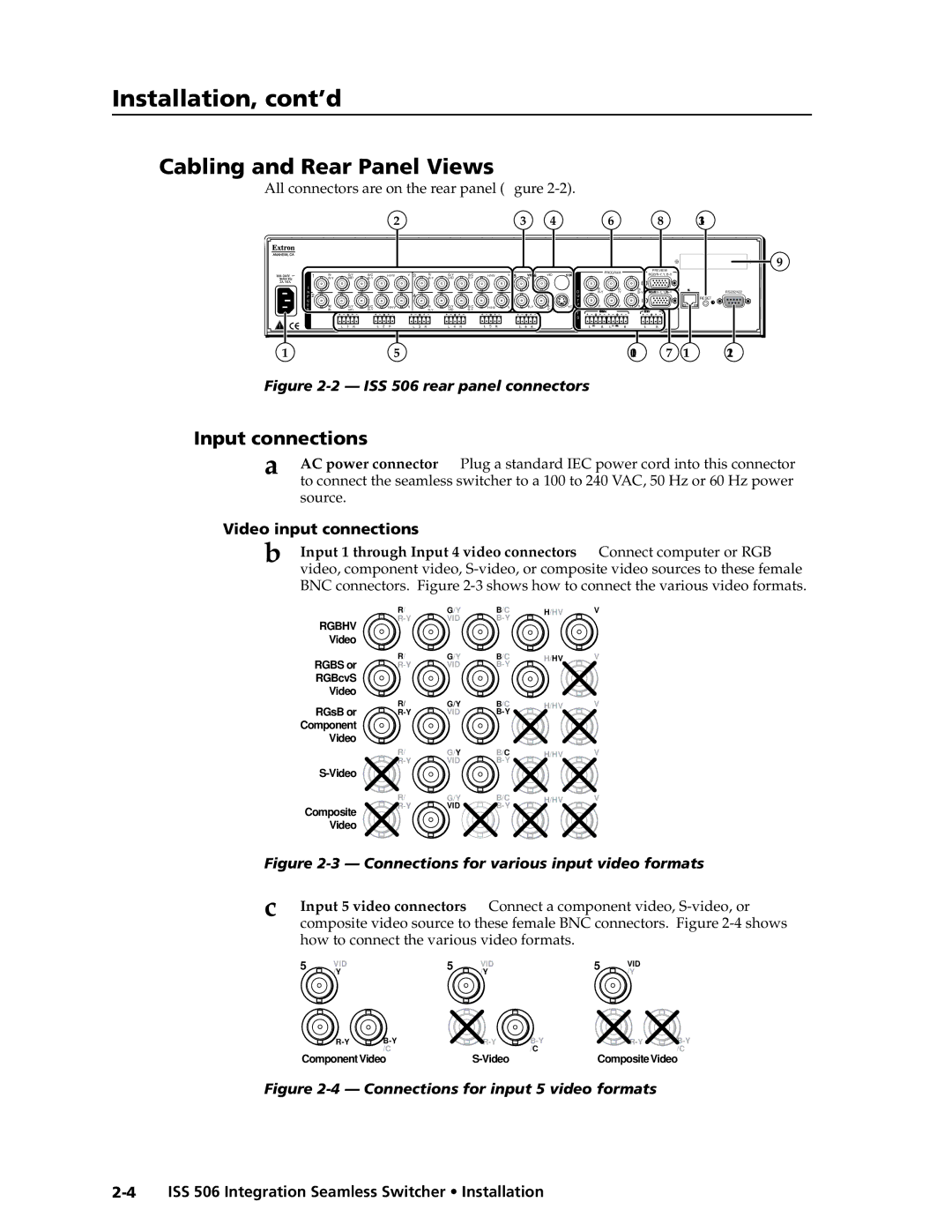 Extron electronic ISS 506 Installation, cont’d, Cabling and Rear Panel Views, Input connections, Video input connections 