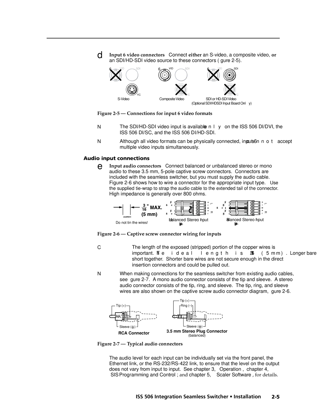 Extron electronic ISS 506 manual An SDI/HD-SDI video source to these connectors figure, Audio input connections 