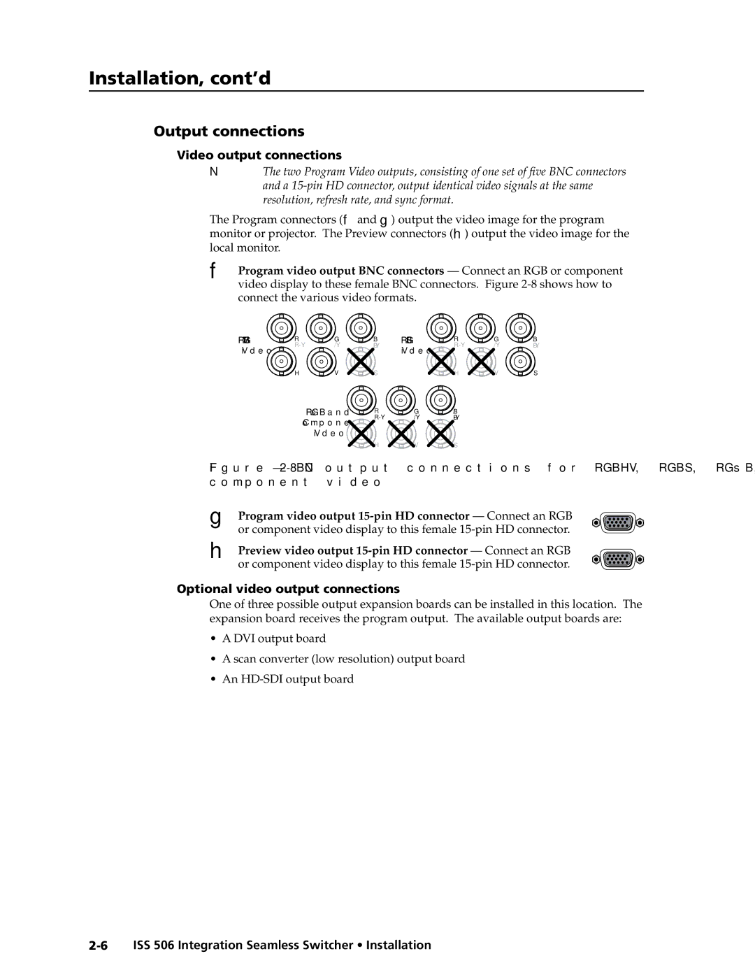 Extron electronic ISS 506 manual Output connections, Video output connections, Optional video output connections 