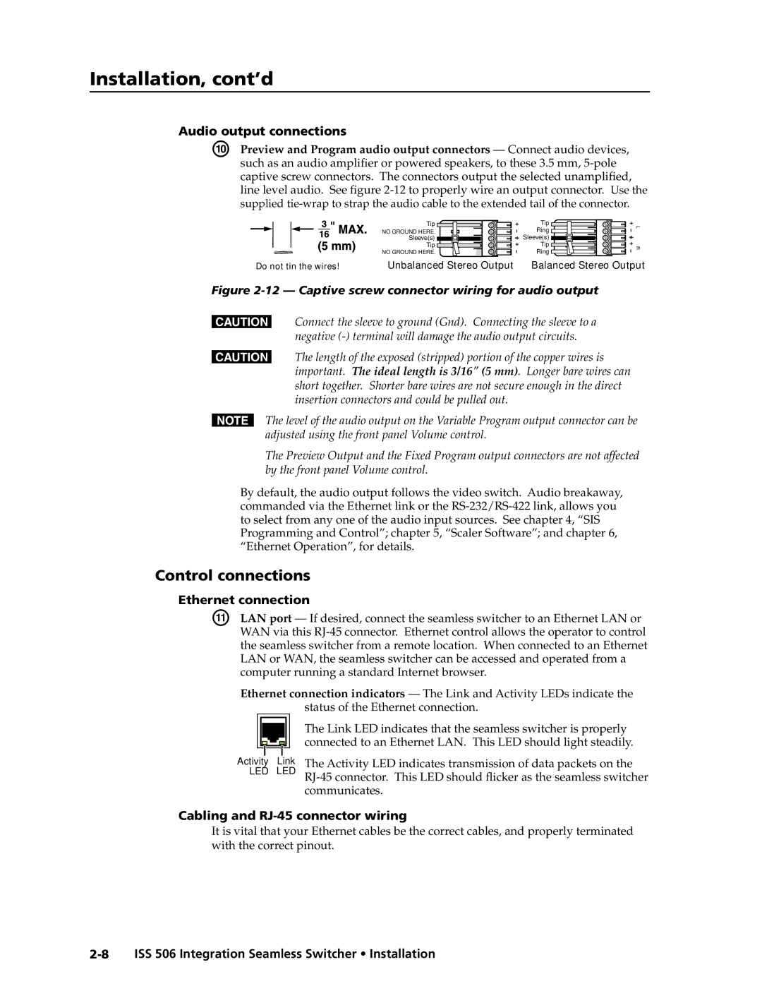 Extron electronic ISS 506 manual Control connections, Audio output connections, Ethernet connection 