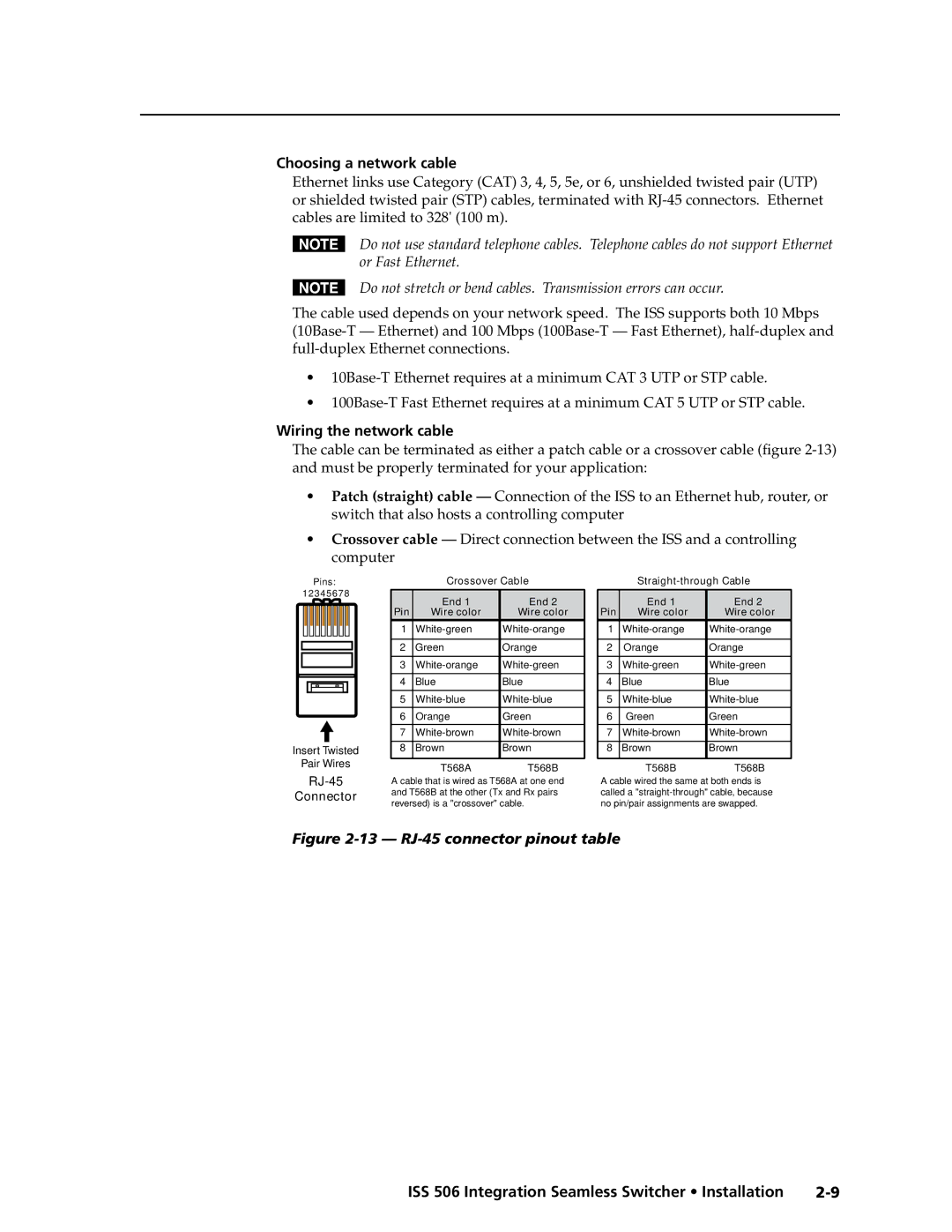 Extron electronic ISS 506 manual Choosing a network cable, Wiring the network cable 