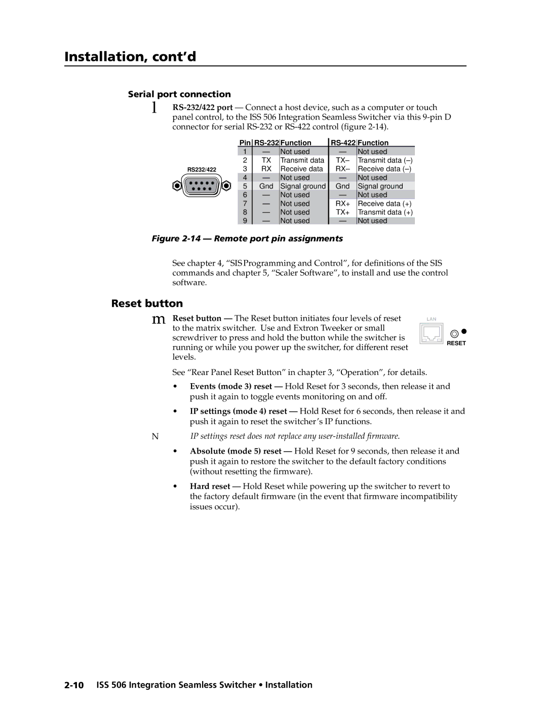 Extron electronic ISS 506 manual Reset button, Serial port connection 