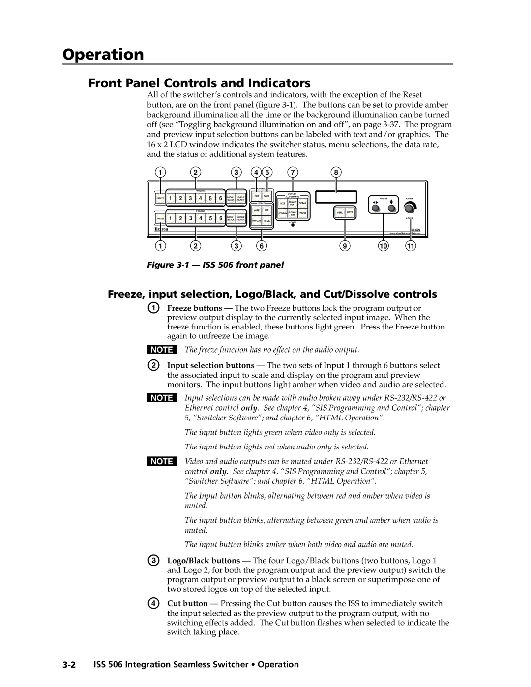 Extron electronic manual Front Panel Controls and Indicators, ISS 506 Integration Seamless Switcher Operation 