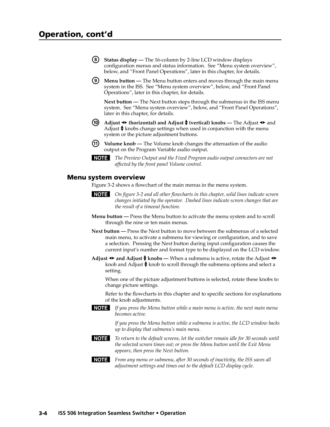 Extron electronic ISS 506 manual Operation, cont’d, Menu system overview 