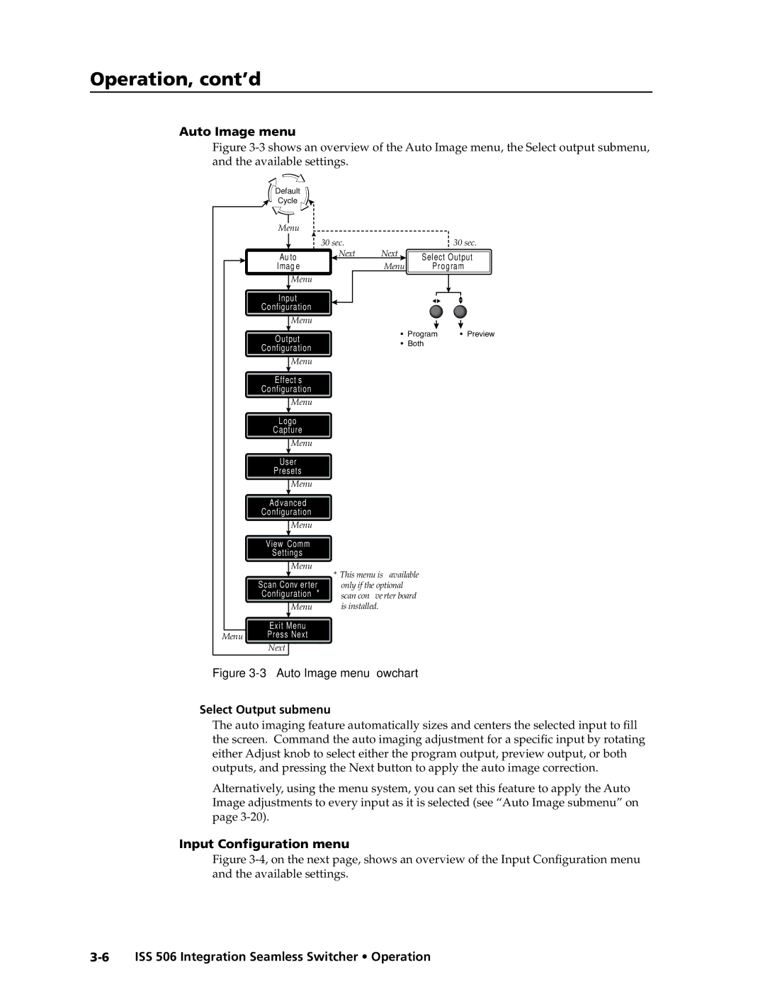 Extron electronic ISS 506 manual Auto Image menu, Select Output submenu, Input Configuration menu 