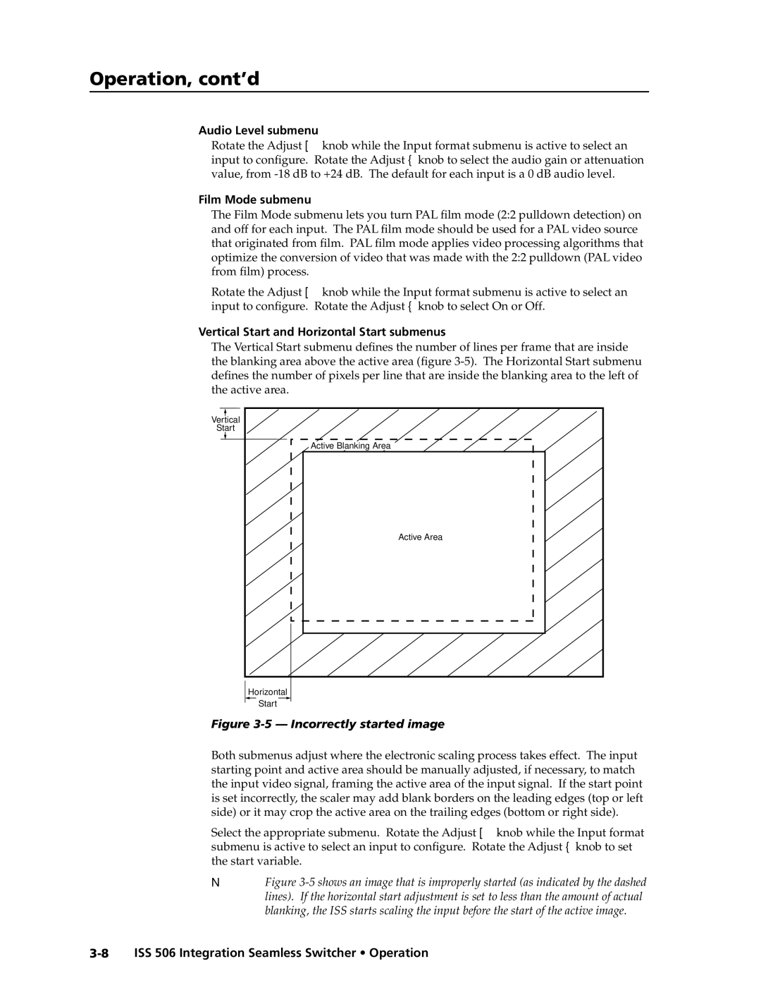 Extron electronic ISS 506 manual Audio Level submenu, Film Mode submenu, Vertical Start and Horizontal Start submenus 