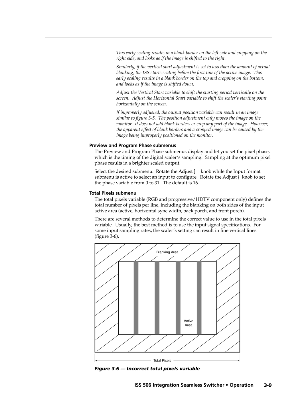 Extron electronic ISS 506 manual Preview and Program Phase submenus, Total Pixels submenu 