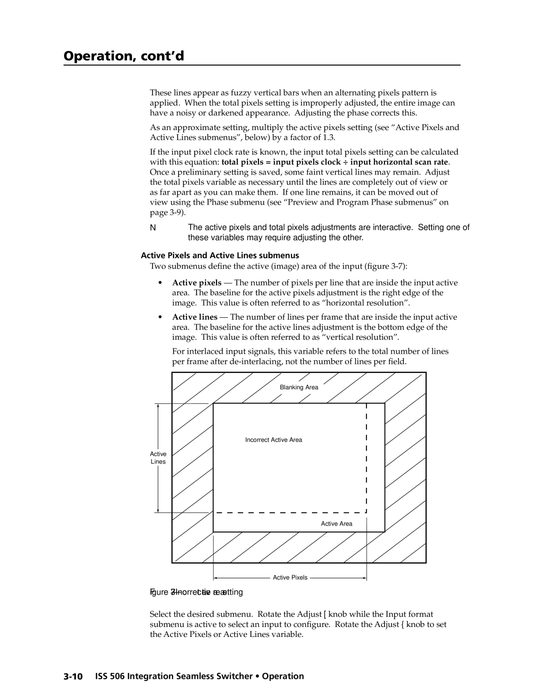 Extron electronic ISS 506 manual Active Pixels and Active Lines submenus, Incorrect active area setting 