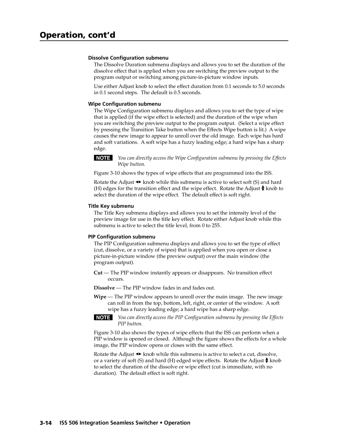 Extron electronic ISS 506 manual Dissolve Configuration submenu, Wipe Configuration submenu, Title Key submenu 