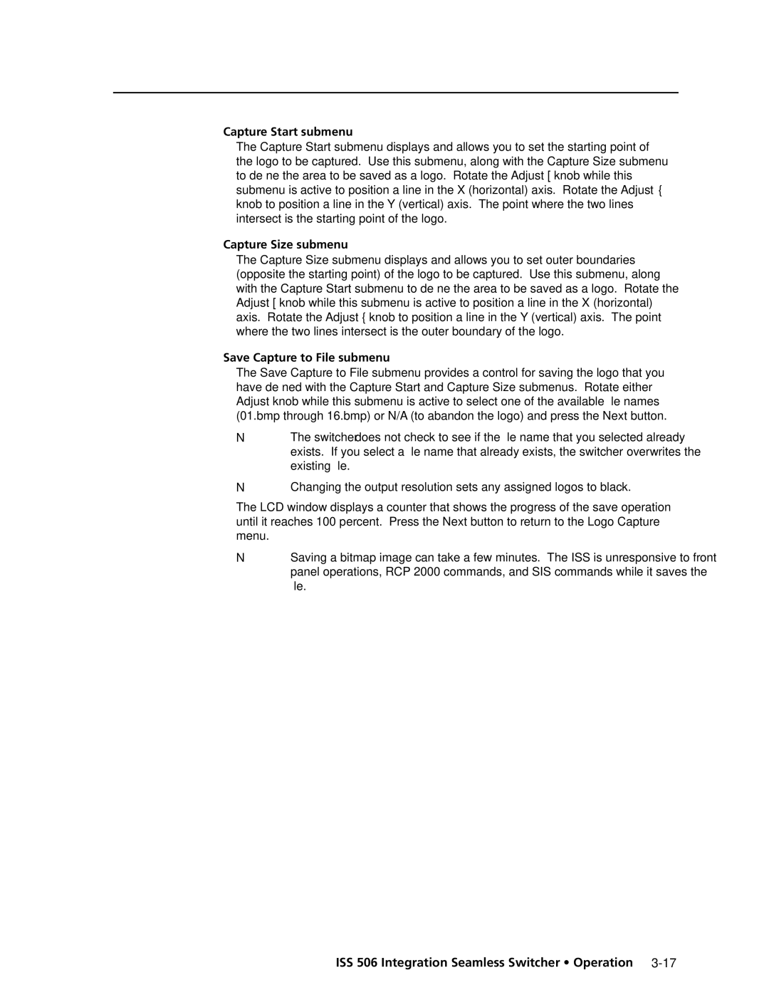 Extron electronic ISS 506 manual Capture Start submenu, Capture Size submenu, Save Capture to File submenu 