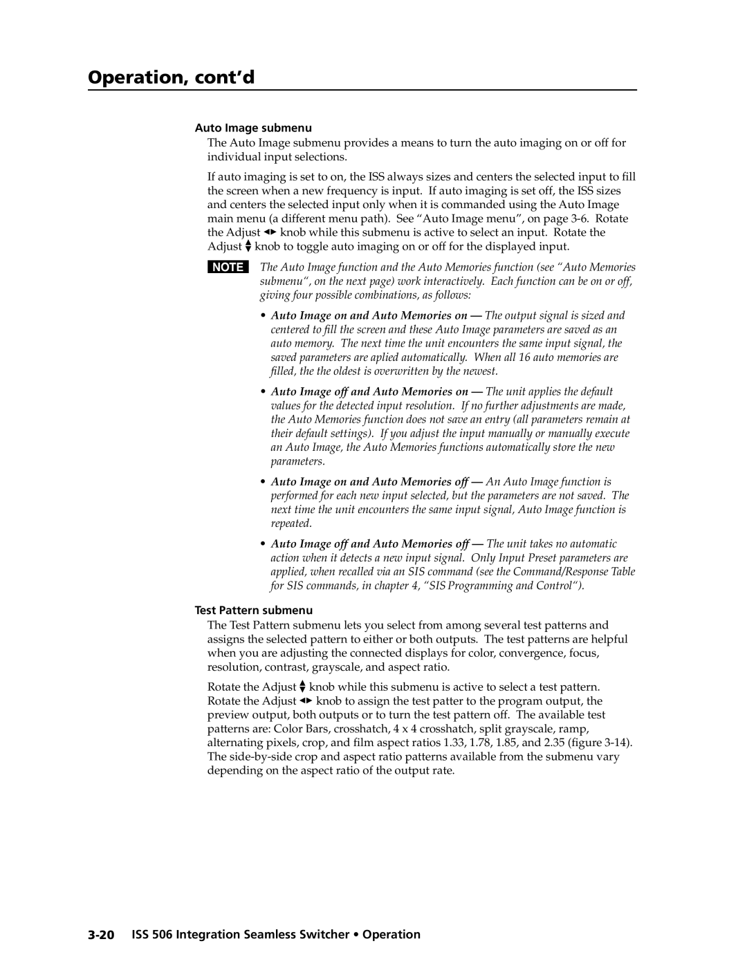 Extron electronic ISS 506 manual Auto Image submenu, Test Pattern submenu 