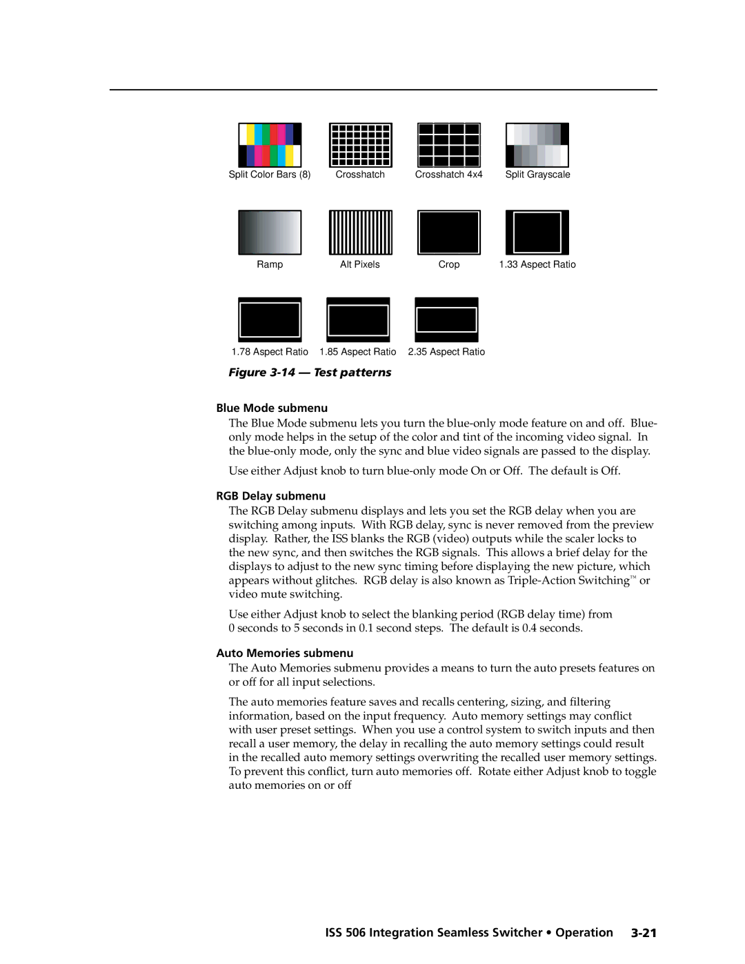 Extron electronic ISS 506 manual Blue Mode submenu, RGB Delay submenu, Auto Memories submenu 