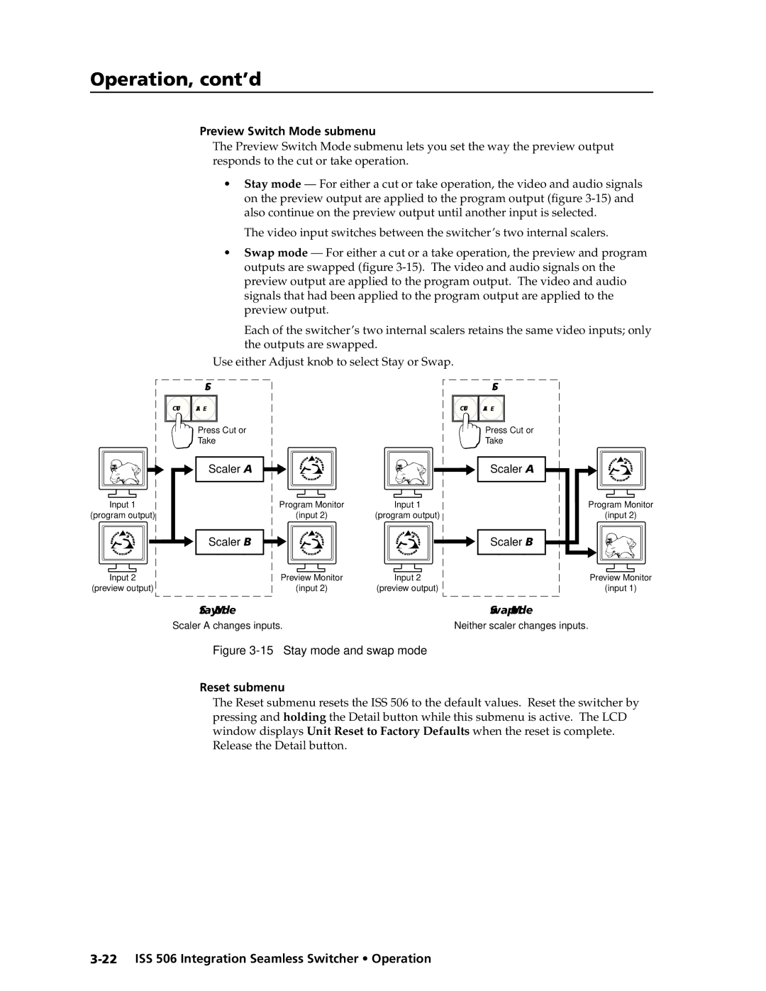 Extron electronic ISS 506 manual Preview Switch Mode submenu, Reset submenu 