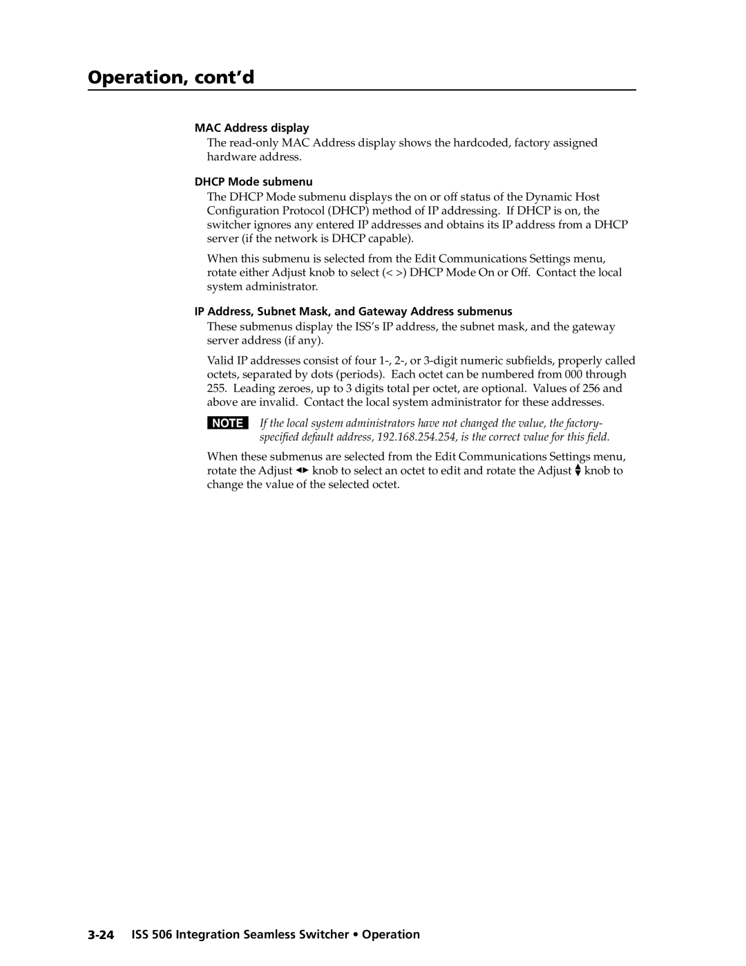 Extron electronic ISS 506 MAC Address display, Dhcp Mode submenu, IP Address, Subnet Mask, and Gateway Address submenus 