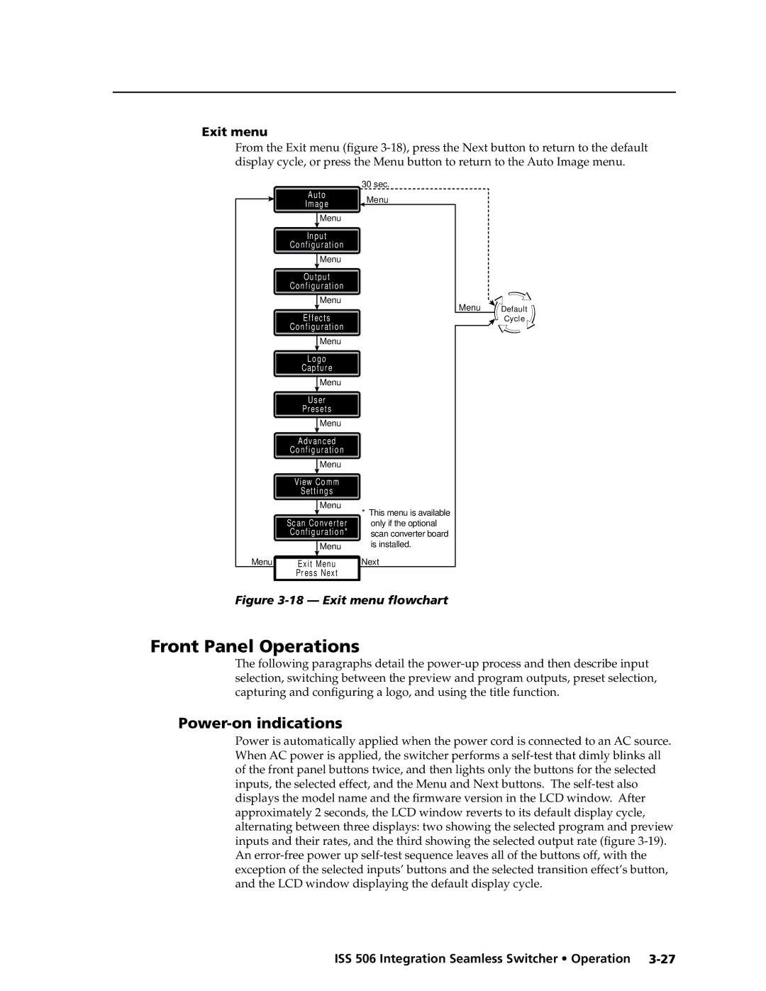 Extron electronic ISS 506 manual Front Panel Operations, Power-on indications, Exit menu 