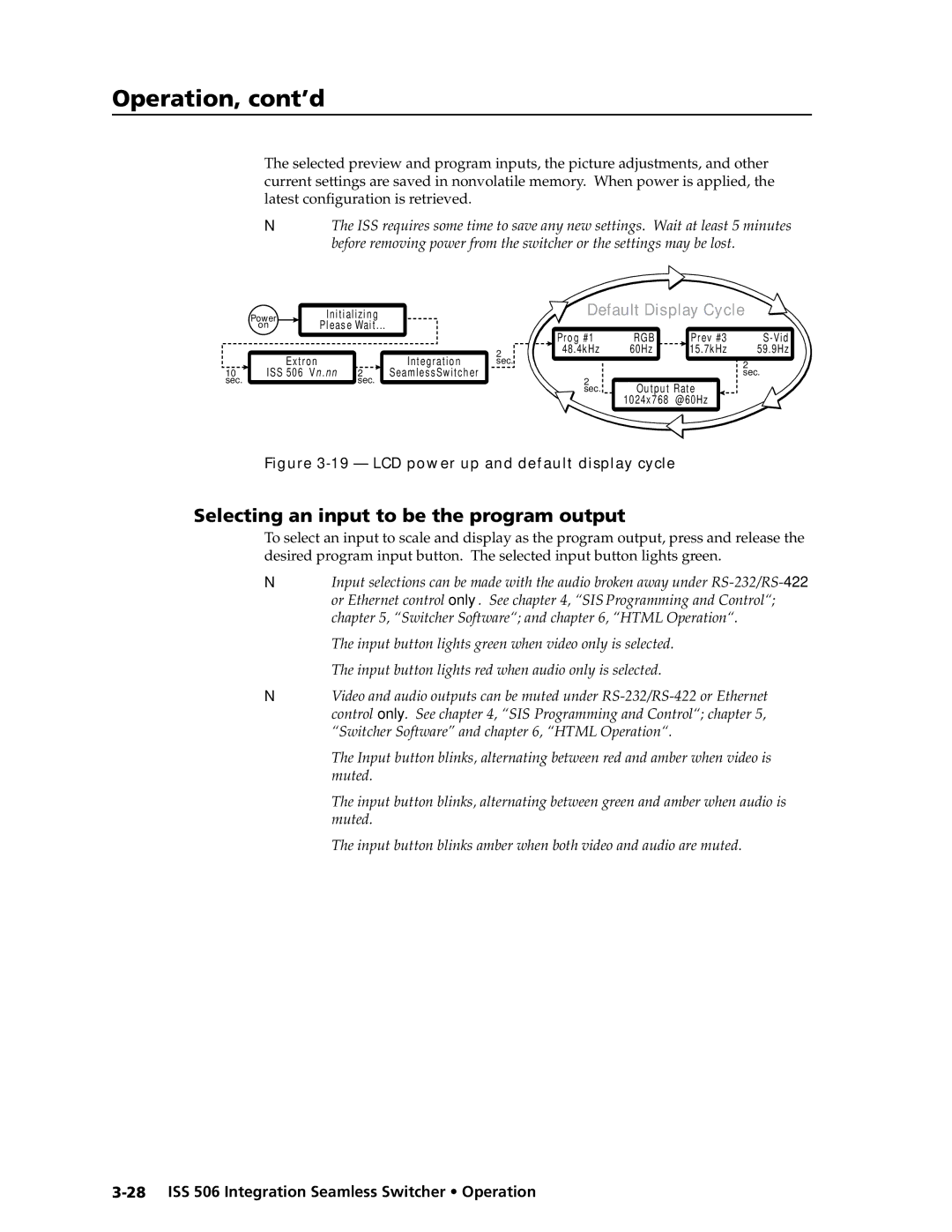 Extron electronic ISS 506 manual Selecting an input to be the program output, Default Display Cycle 