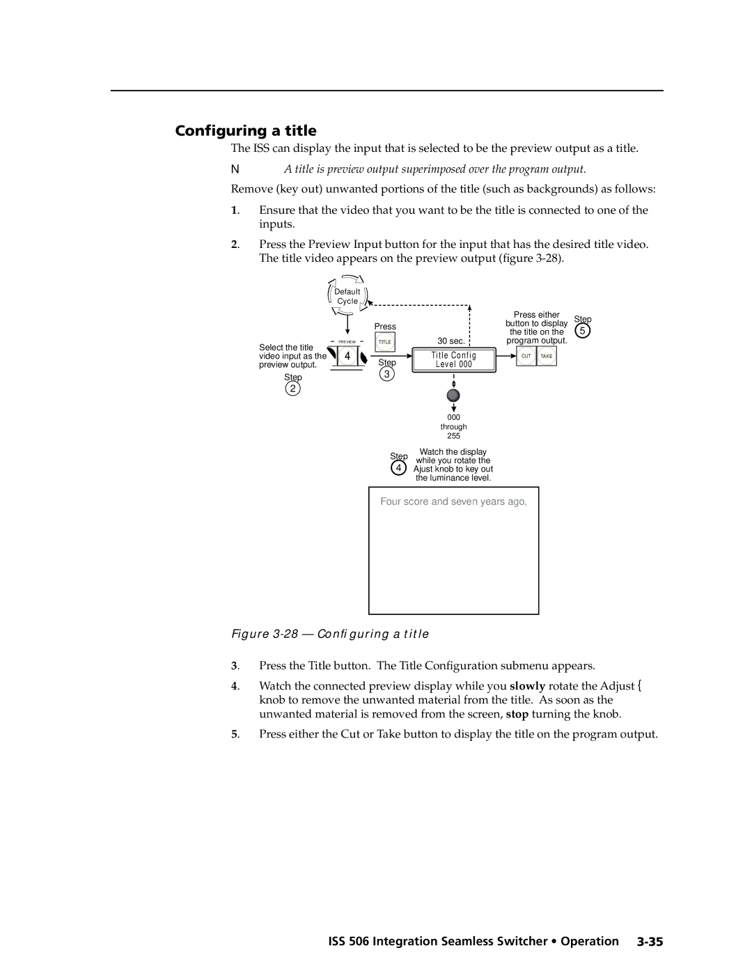 Extron electronic ISS 506 manual Configuring a title, Title Config Level 