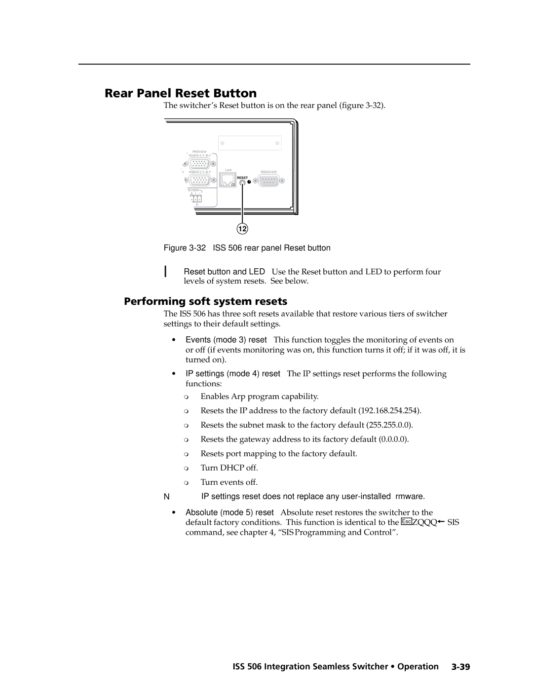 Extron electronic ISS 506 manual Rear Panel Reset Button, Performing soft system resets 