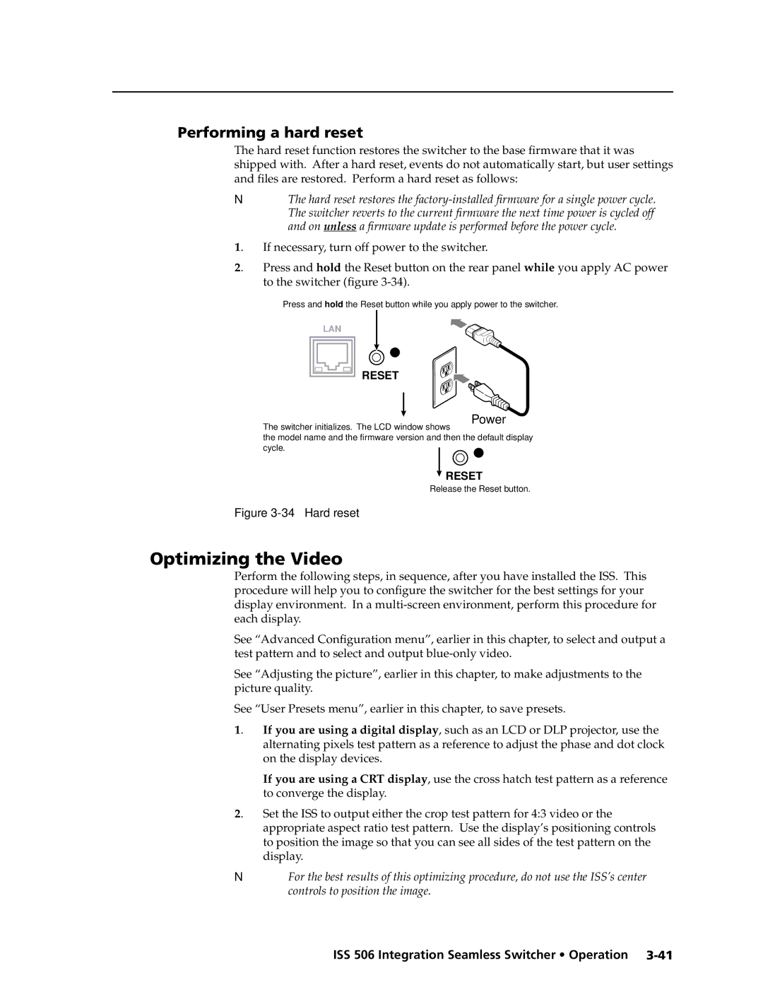 Extron electronic ISS 506 manual Optimizing the Video, Performing a hard reset 