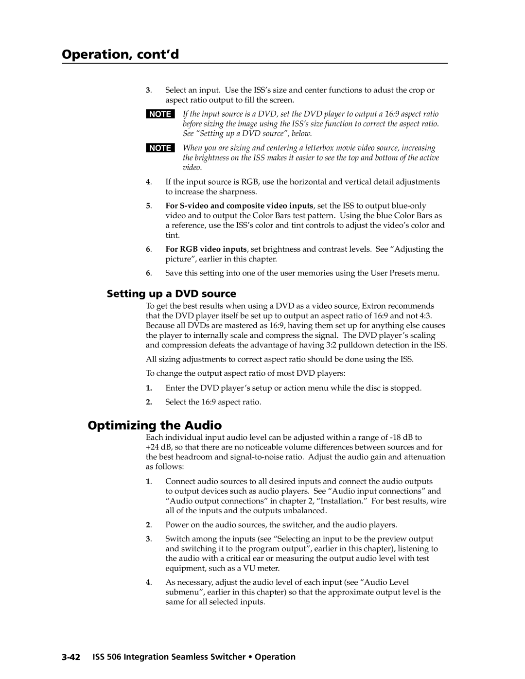 Extron electronic ISS 506 manual Optimizing the Audio, Setting up a DVD source 