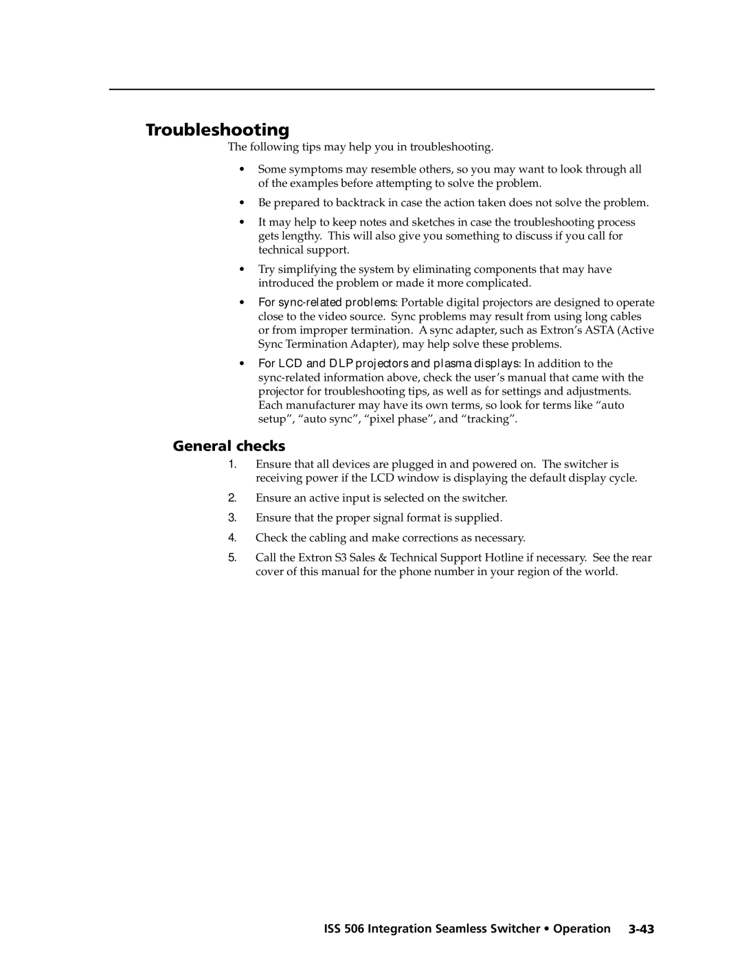 Extron electronic ISS 506 manual Troubleshooting, General checks 