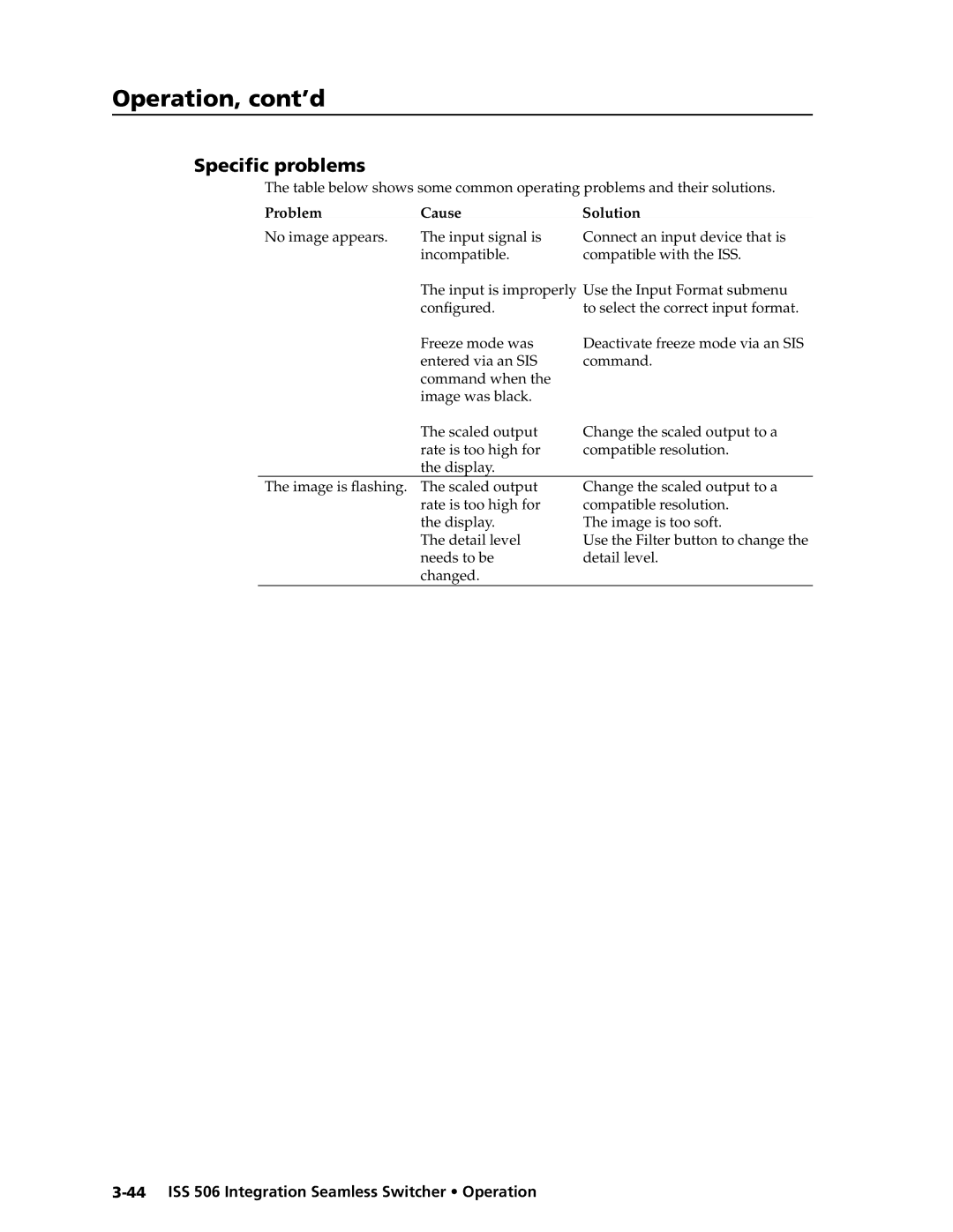 Extron electronic ISS 506 manual Specific problems, Cause Solution 